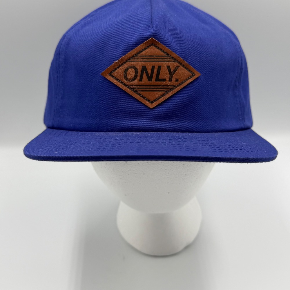 ONLY NY Blue Snapback Hat Brown Faux Leather Logo Patch Flat Brim Adjustable NEW